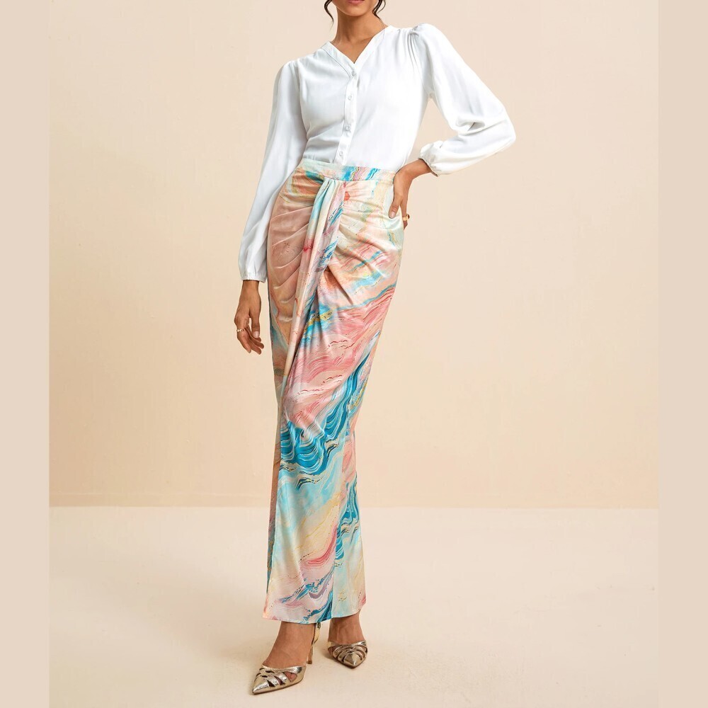 Orange / Blue Marble Print Draped Wrap Front High Slit Maxi Skirt - Picture 4 of 7
